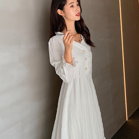 [L&P] Phong cách Hepburn  phong cách mới  váy trắng kiểu Pháp  váy dài tay tính khí thời trang | BigBuy360 - bigbuy360.vn