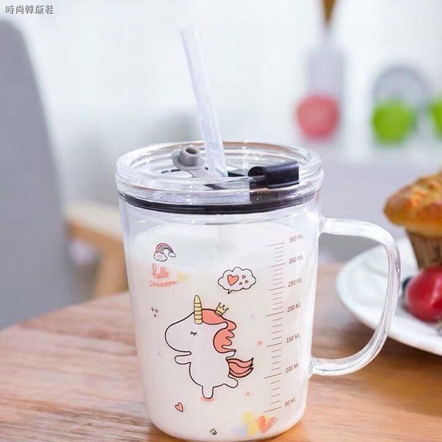 Cốc thuỷ tinh uống nước, sữa có nắp kèm ống hút , chia vạch tiệ dụng