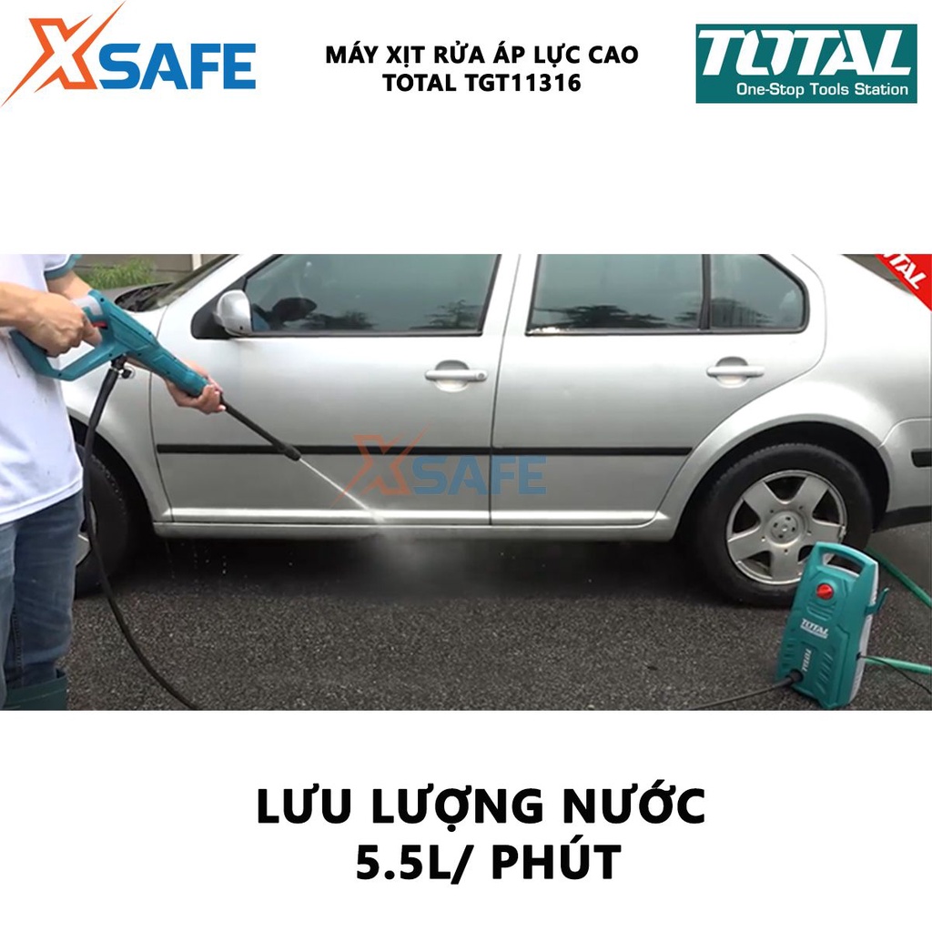 Máy xịt rửa TOTAL TGT11316 Máy phun xịt áp lực cao, công suất 1300W Gồm bình chứa, vòi phun, bánh xe, tay kéo,...