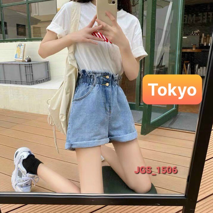 QUẦN SHORT SỌT JEAN LỬNG KIỂU NGỐ NỮ CHẤT BÒ XANH LƯNG THUN CẠP CHUN 2 CÚC LƯNG CAO NHẬT BẢN DB-1506 -TOKYO FASHION