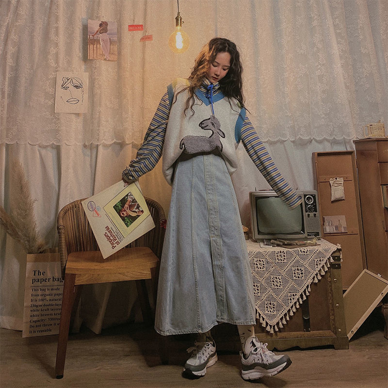 IMAODOU Long Jean Skirt Retro Style Autumn Winter 2023loose High Waist A-Line Skirt