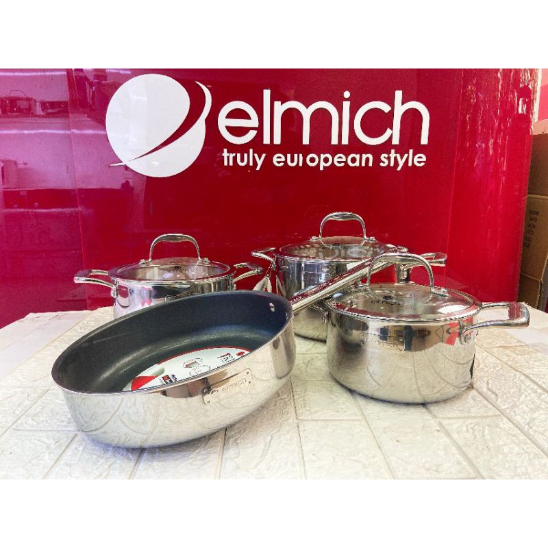 Bộ nồi chảo elmich inox 304 cao cấp 3 lớp đáy liền Trimax XS EL-3744 size 18, 20, 24, chảo 26cm