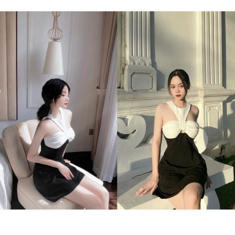 Đầm Đen Phối Cổ Yếm Nơ Ngực Trắng - Có Mút Ngực - Thun Gân - Dáng Ngắn Form Ôm Body Sexy
