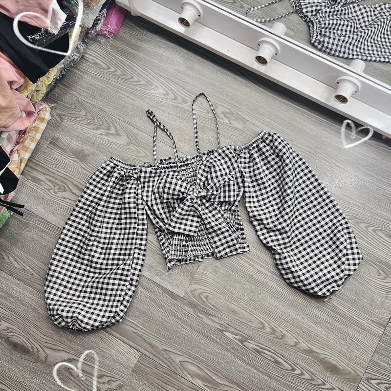 Áo Caro Trễ Vai 2 Dây Nơ Ngực Nhún Eo