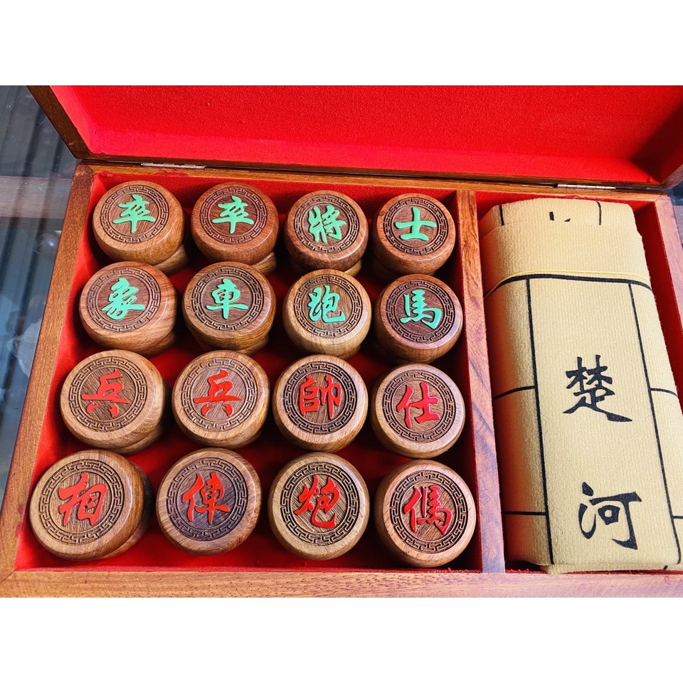 Bộ Cờ Tướng Gỗ Hương - Quân Cờ, Bàn Cờ Da, Hộp Đựng - Quân Cờ Khắc CMC Cực Nét