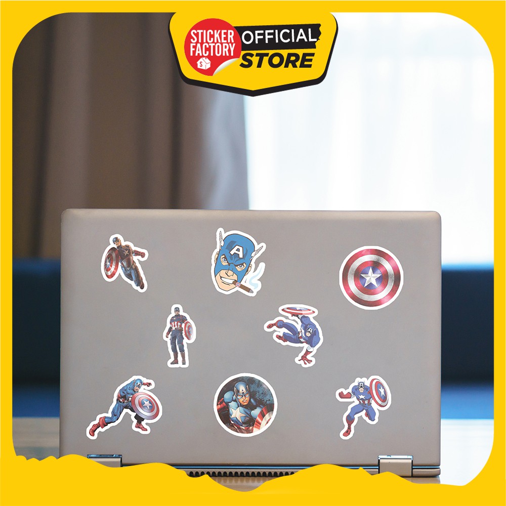 Hộp set 30 sticker decal hình dán nón bảo hiểm , laptop, xe máy, ô tô STICKER FACTORY - Captain American