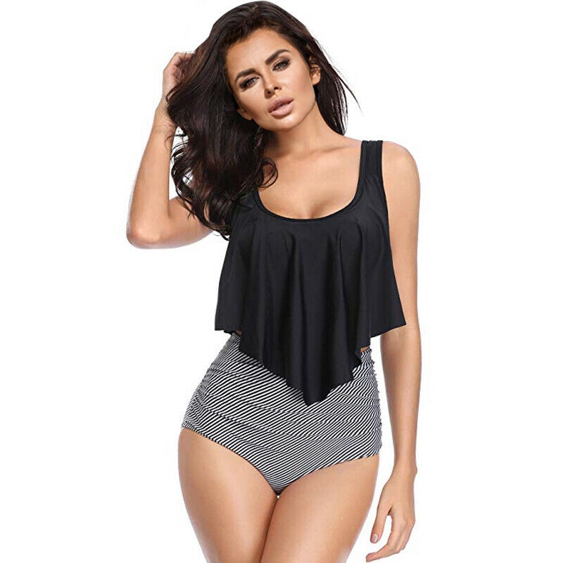 Bikini 2 mảnh quần màu trơn lưng cao + áo hoạ tiết hoa thiết kế năng động cho phái nữ