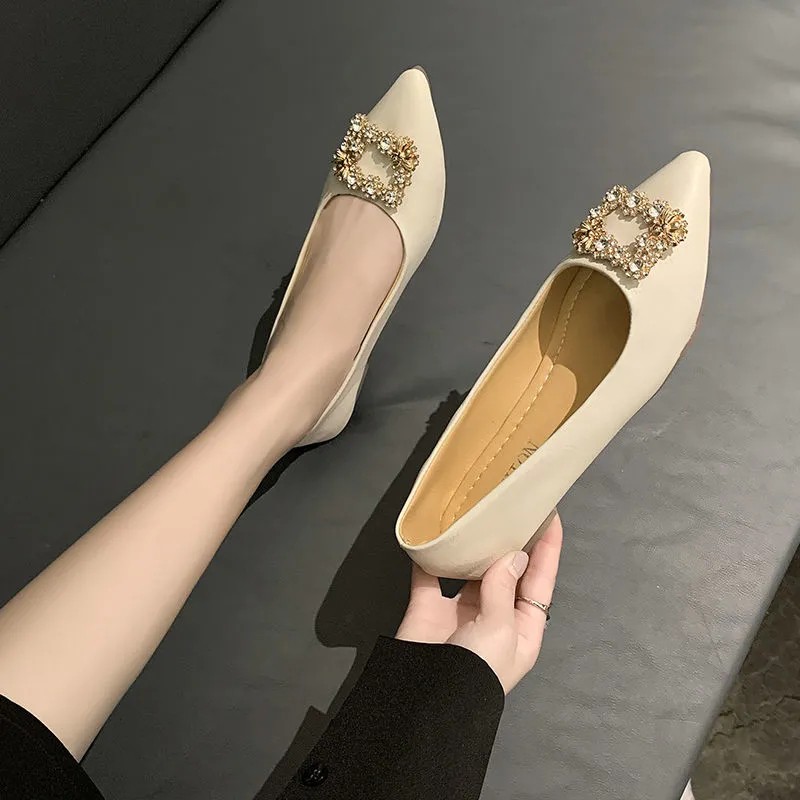 SWEETC Giày bệt nữ thời trang da mềm đế mềm mũi nhọn miệng nông cô dâu phù dâu giày cưới giày bệt