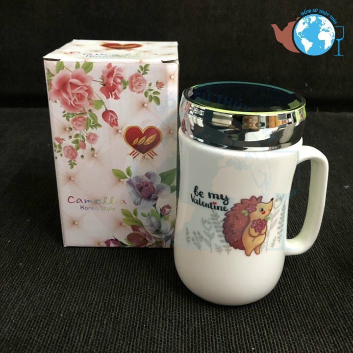 LY SỨ GIỮ NHIỆT 400ML NẮP TRÁNG GƯƠNG có tay cầm in họa tiết ngẫu nhiên