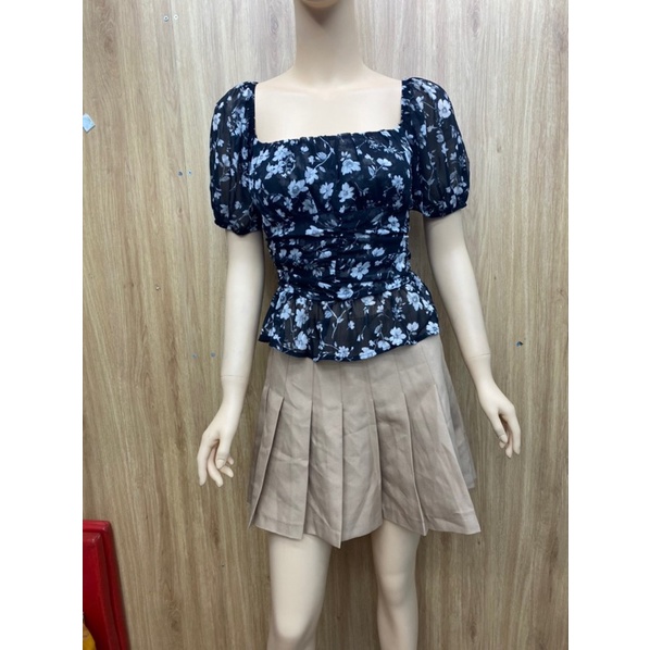 Áo cổ vuông tay bồng xuất khẩu 2 lớp
