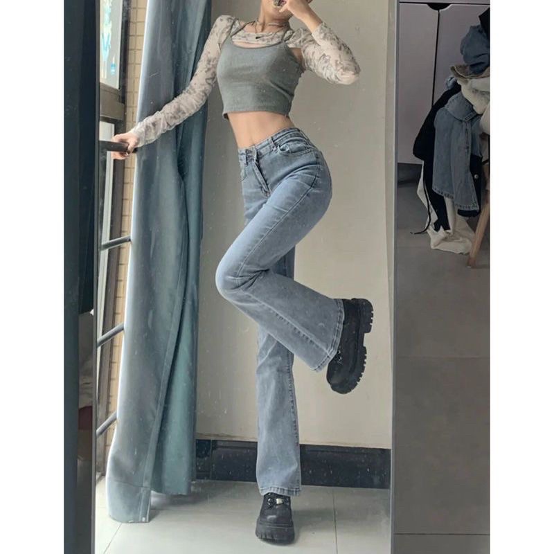 Sẵn Quần jean ống nữ ống đứng loe nhẹ cạp cao chất jean co dãn mẫu mới