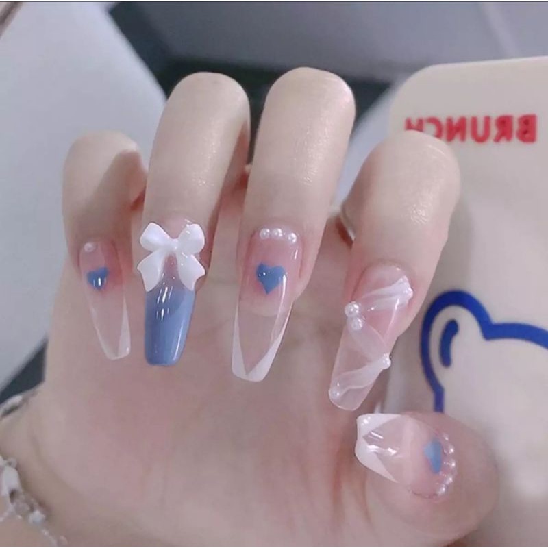 Móng giả thiết kế Quỳnh Quỳnh Nail hộp 10 móng kèm keo dũa màu xanh nhạt đính nơ