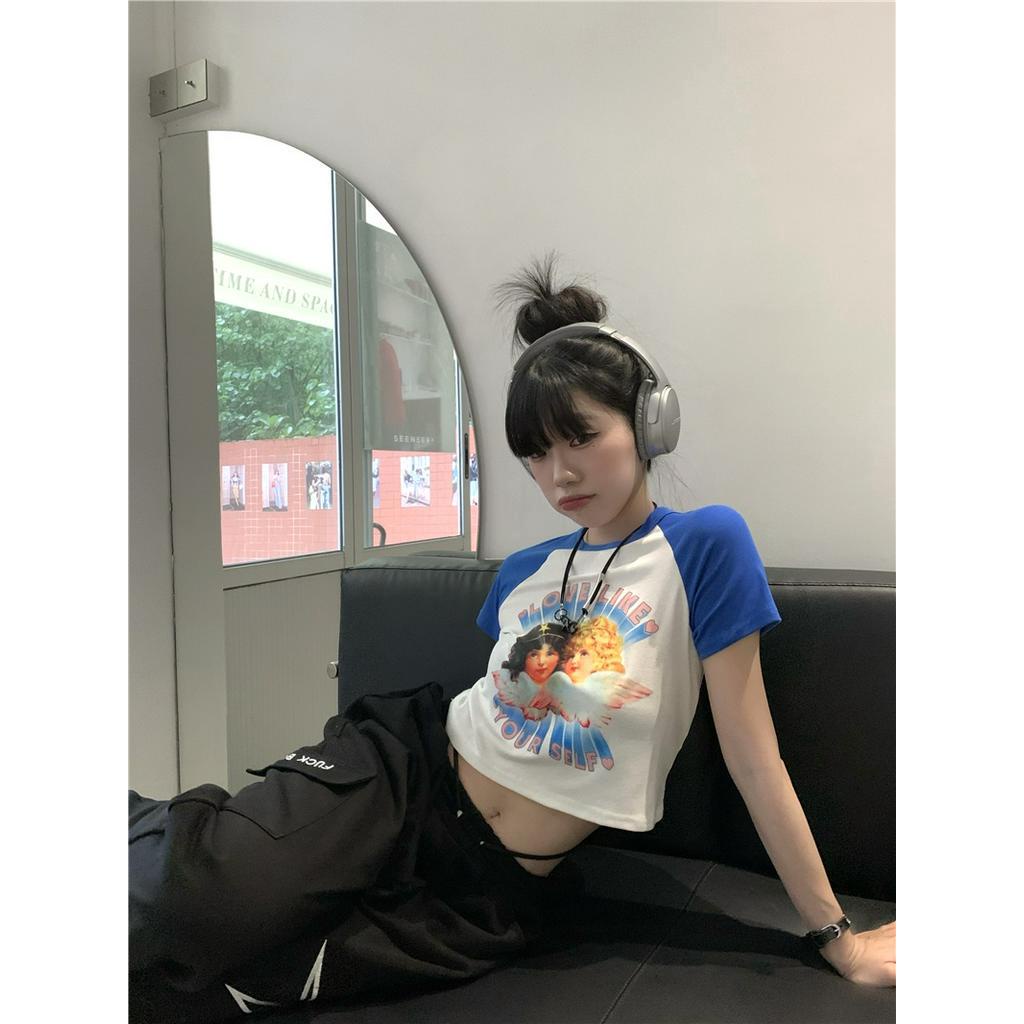 Áo Thun Dáng Ôm Ngắn Tay In Thiên Thần Màu Sắc Tương Phản Thời Trang Cá Tính 62810