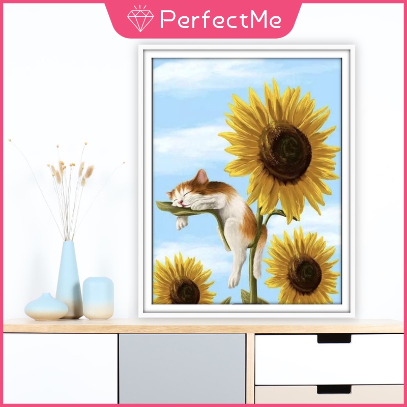 Bộ tranh đính đá 5D họa tiết chú mèo/ hoa hướng dương độc đáo kích thước 30x40cm DIY dùng trang trí nhà cửa