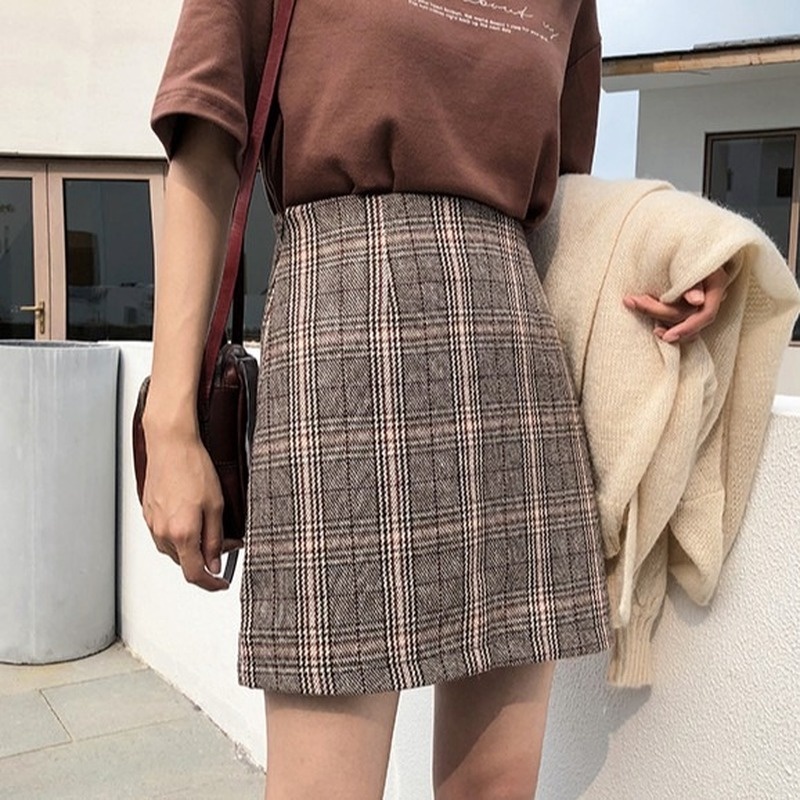Chân váy chữ A GENAISHA cạp cao sọc caro phong cách Hàn Quốc thời trang dành cho nữ