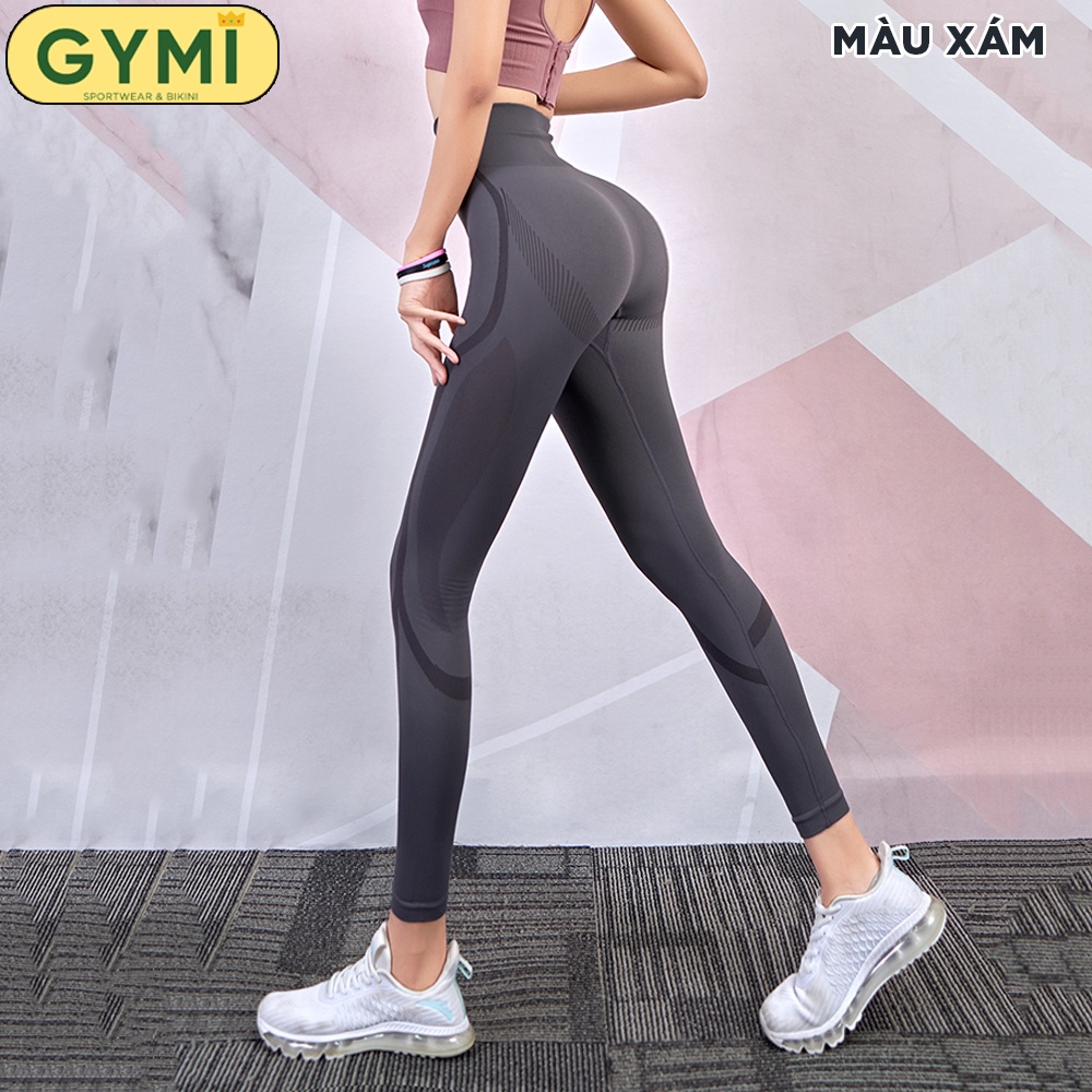 Quần tập gym nữ GYMI QD14 dáng legging chất dệt kim co giãn cạp cao nâng mông thể thao kèm hoạ tiết vân chìm