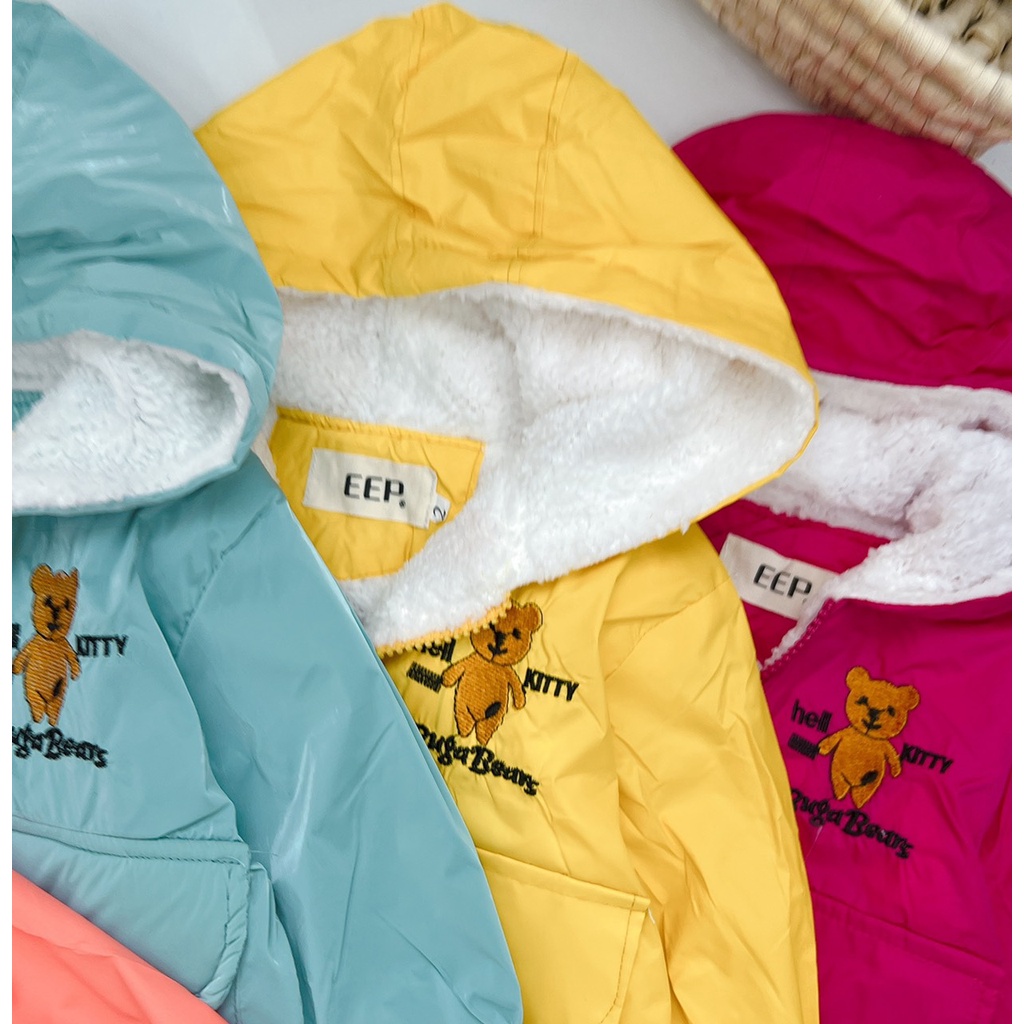 Áo khoác mùa đông, áo khoác lót lông thêu gấu BUGA BEAR túi thật cho bé trai, bé gái