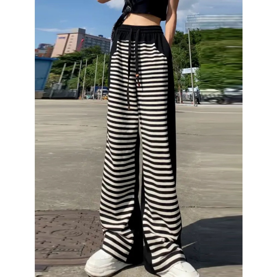 Jiashucheng Quần Ống Rộng Lưng Cao Dáng Suông Cỡ Lớn Kẻ Sọc Màu Tương Phản Phong Cách Mới Cho Nữ
