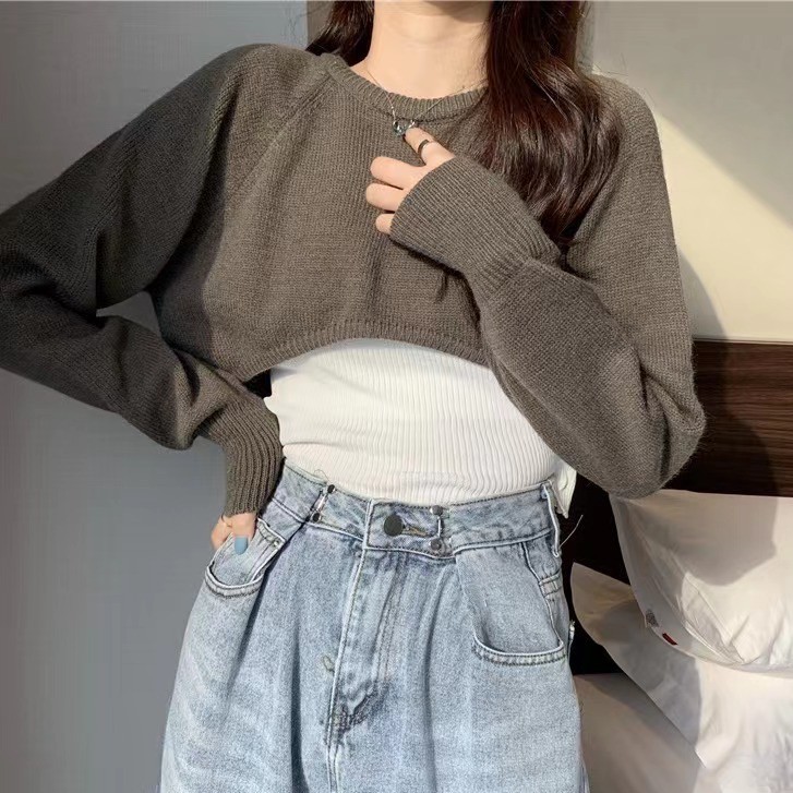 QADCOL Áo khoác ngắn đan dệt kim tay dài thời trang nữ