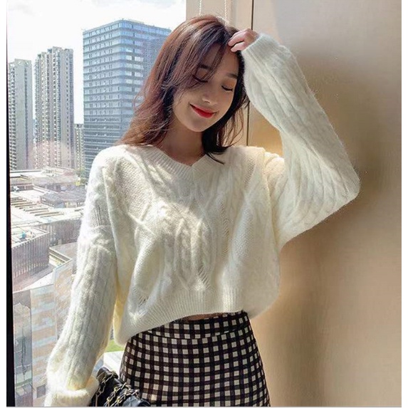 Áo len đuôi tôm xước cổ V dáng ngắn style Hàn Quốc len dệt kim hàng Quảng Châu
