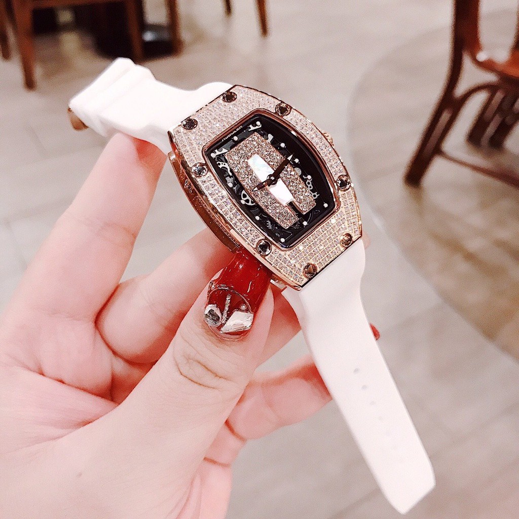 Đồng Hồ Nữ Huboler Hanboro Dây Silicon Trắng Mặt Đính Đá Rose Gold 31x42mm Chính Hãng