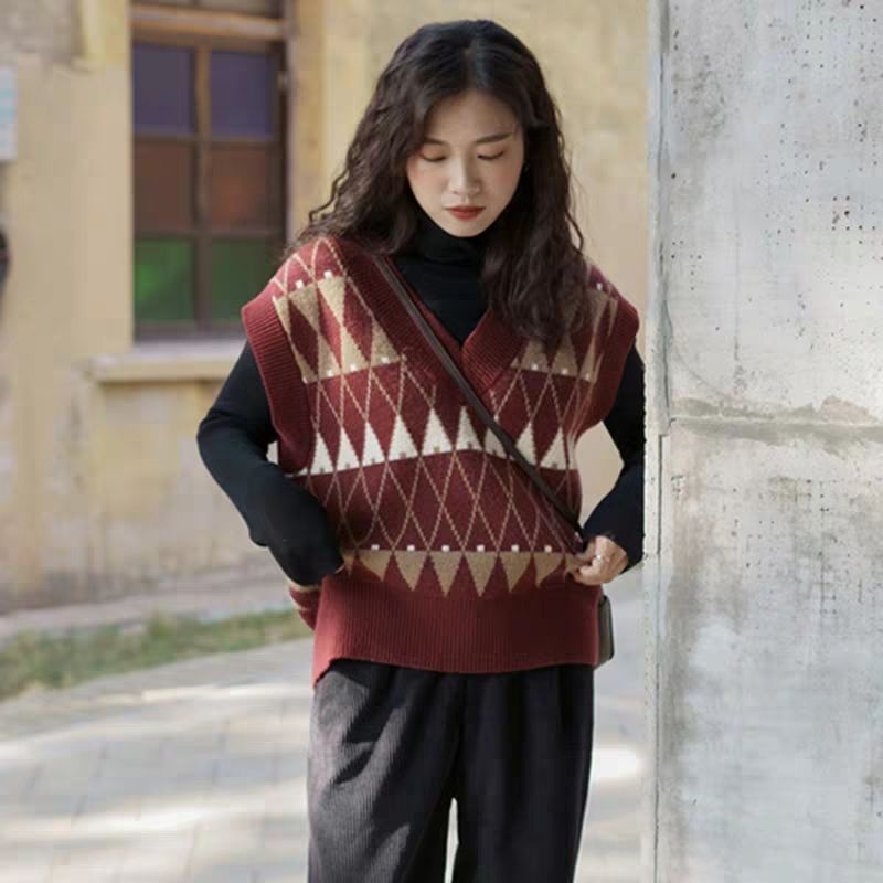 Áo sweater Dệt Kim Sát Nách Cổ Chữ v Dáng Rộng Màu Sắc retro Trẻ Trung