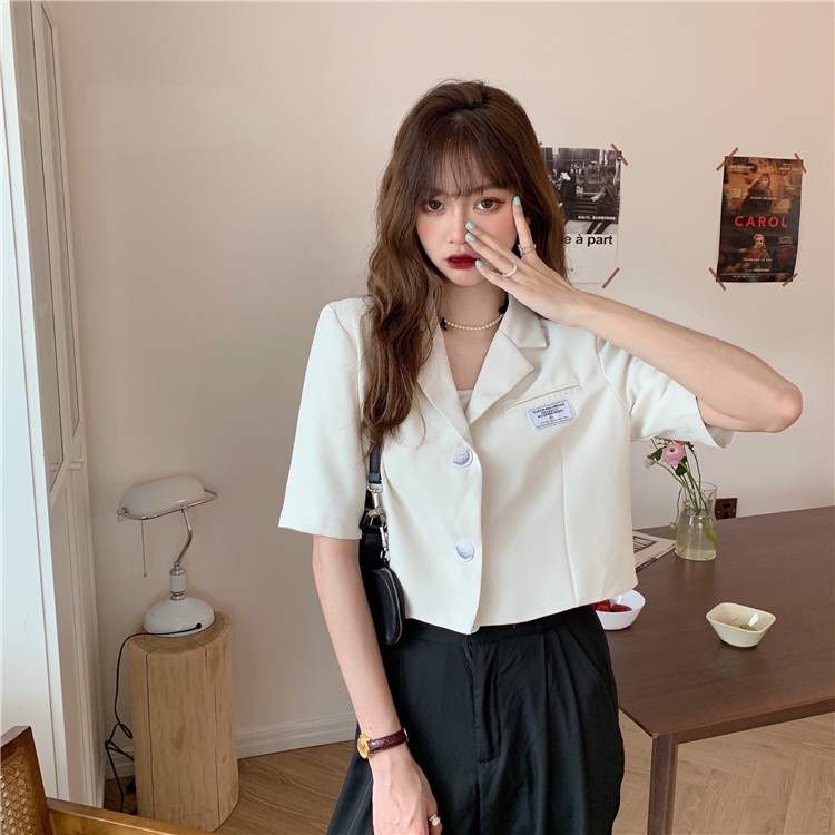 QOEDDV Áo Khoác Blazer Tay Ngắn Cổ Lật Màu Trơn Phong Cách Hàn Quốc Nhiều Màu Sắc Lựa Chọn