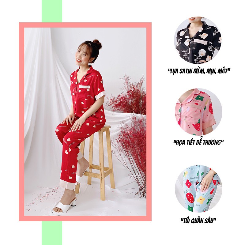 Đồ bộ pijama đẹp SBORG bộ lụa satin cao cấp tay ngắn quần dài chất liệu mềm mịn mát dịu hoạ tiết dễ thương