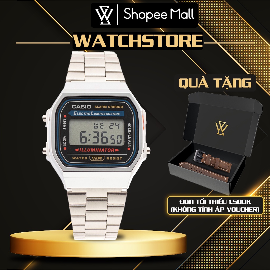 Đồng Hồ Điện Tử Nam Casio WATCHSTORE A168WA-1DF Thiết Kế Mặt Kính Vuông Nhựa 36mm, Dây Đeo Kim Loại Chắc Chắn