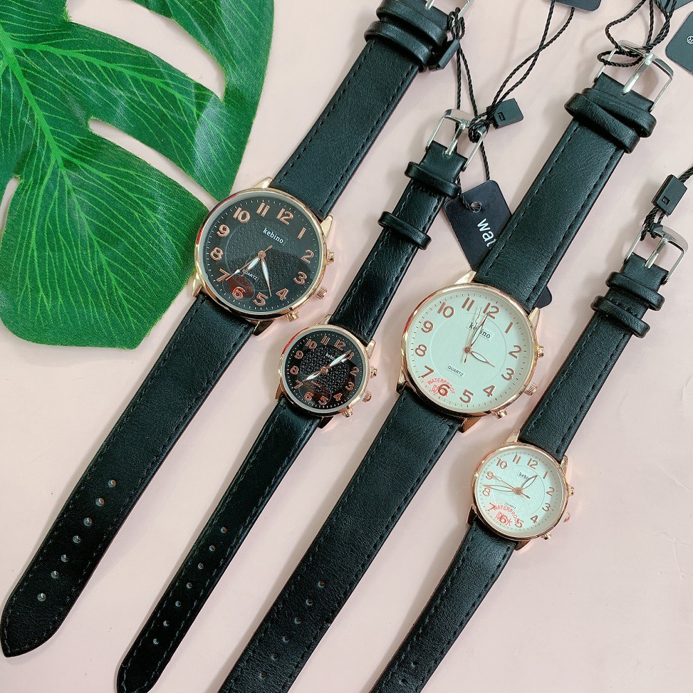 Đồng hồ đôi KEBINO da đen viền hồng mặt số, dây da mềm mại, lên tay thoải mái, phong cách cổ điển, dễ dàng phối đồ
