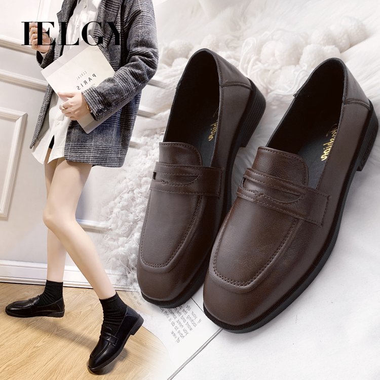 Giày lười nữ IELGY bằng da mềm mũi vuông cổ điển phong cách Anh quốc
