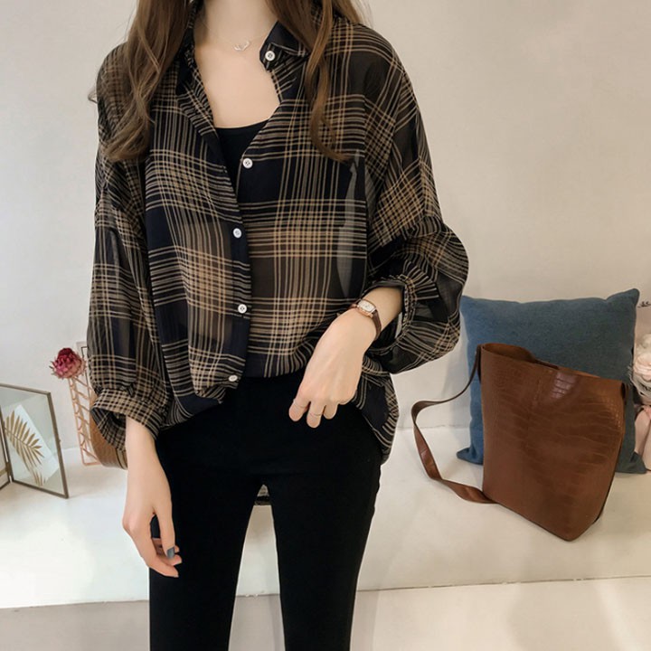 Áo sơ mi nữ voan ca rô tay phồng , sơ mi nữ form rộng, áo nữ kiểu form giấu bụng