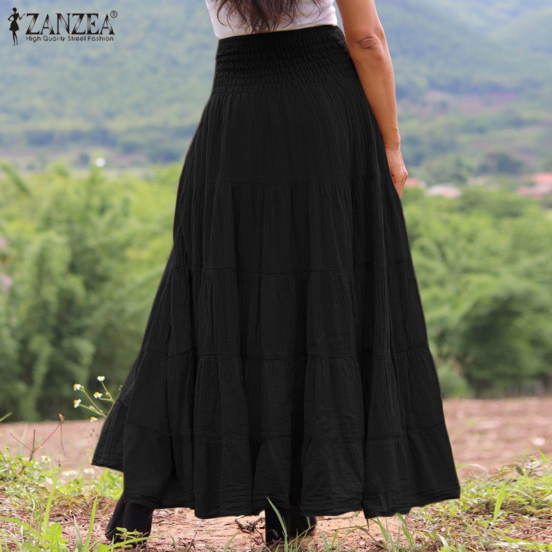 Chân váy maxi ZANZEA tà xòe rộng eo co giãn màu trơn thời trang retro cho nữ