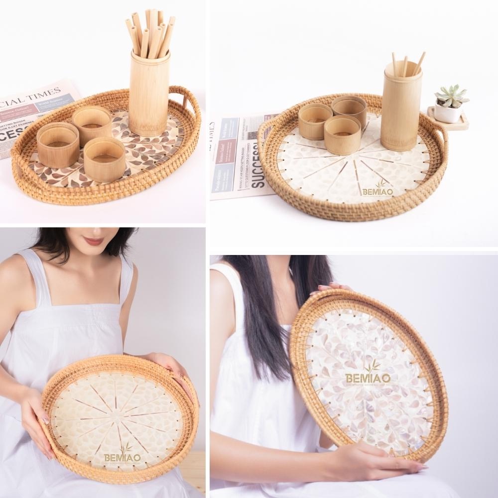 Khay mây khảm trai tròn, bầu dục có tay cầm | Thủ công mỹ nghệ cao cấp Bemiao