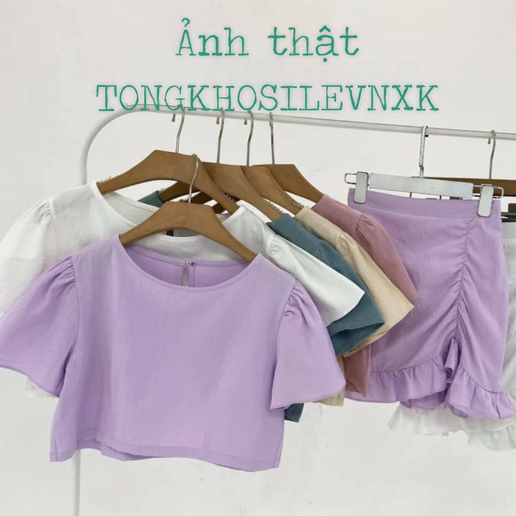 (VNXK) SET ÁO ĐŨI CROPTOP TÍM MIX CHÂN VÁY NỮ MÀU TÍM ĐUÔI BÈO - CHÂN VÁY ĐŨI ĐUÔI CÁ DÚM CHUN BÈO TÍM