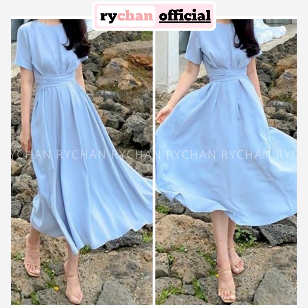 [ẢNH THẬT CUỐI] Đầm Nữ Đi Du Lịch Dáng Xòe Cổ Tròn Tay Ngắn Chéo Eo Đơn Giản Thoải Mái Màu Xanh Biển - DX9923