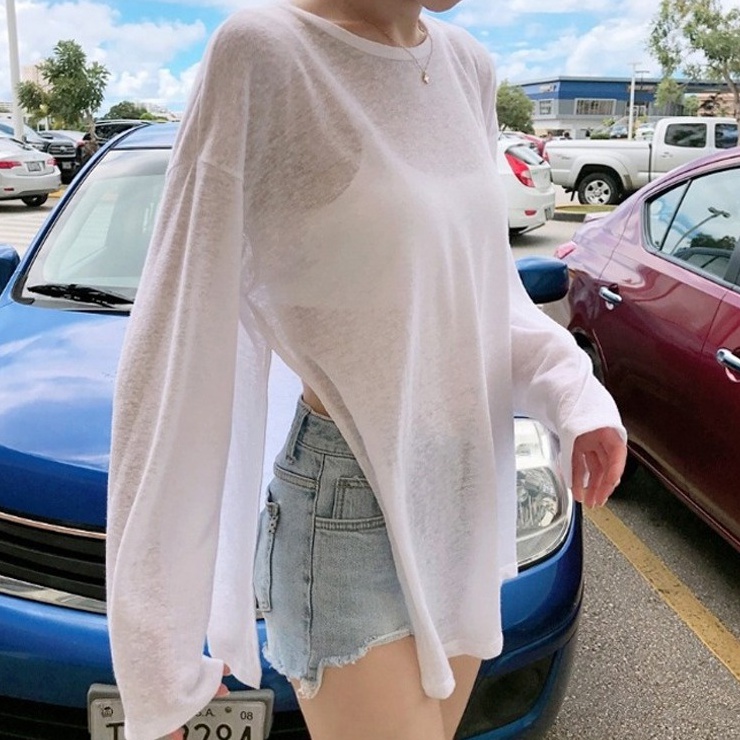 Áo thun ZHELIHANGFEI tay dài cổ tròn dáng rộng thiết kế xẻ tà thời trang