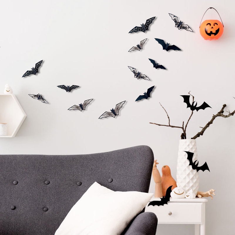Set 12 Miếng Dán Tường / Cửa Sổ DIY Hình Dơi 3D Màu Đen Có Thể Tháo Gỡ Trang Trí Lễ Hội Halloween