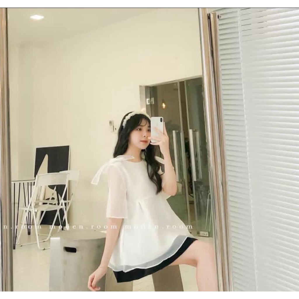 [Có Video + Ảnh Thật] Áo Bbd Voan Tay Cộc Nơ Vai Vải Voan Tơ Đũi 2 Lớp Xịn Xò - Chuu House - CH0364