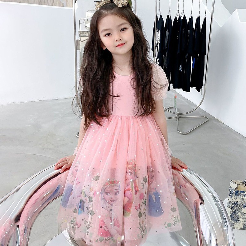 Đầm Công Chúa Phối Lưới In Hoạt Hình Kiểu Hàn Quốc Thời Trang Mùa Hè Cho Bé Gái Se7E