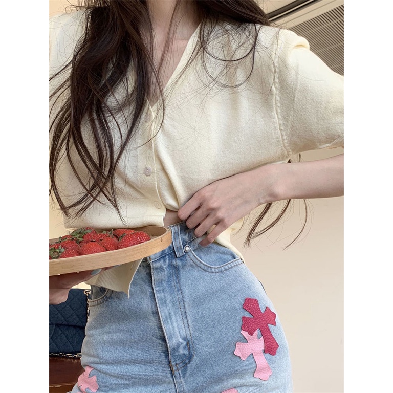 Áo cardigan Ngắn Tay Cổ Chữ V Màu Sắc Đơn Giản Dễ Phối Đồ