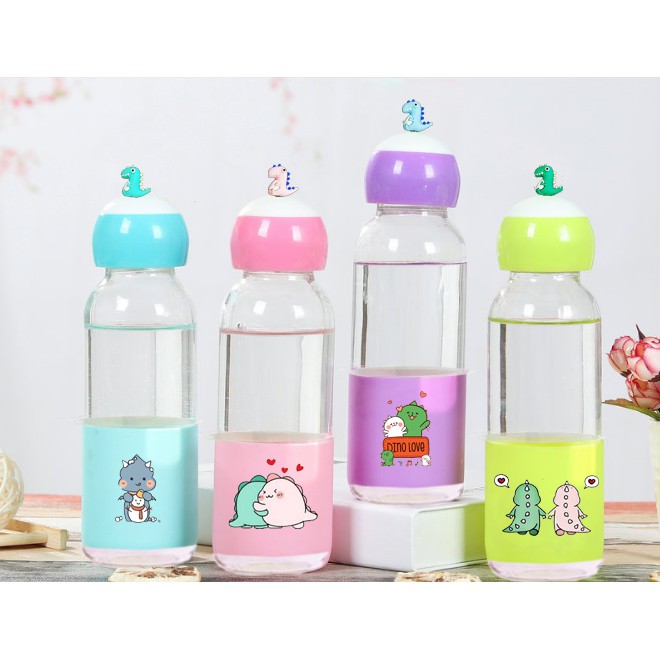 Bình nước khủng long lá cây 400ml BNCI17 thuỷ tinh bình nước cute chai nước dễ thương