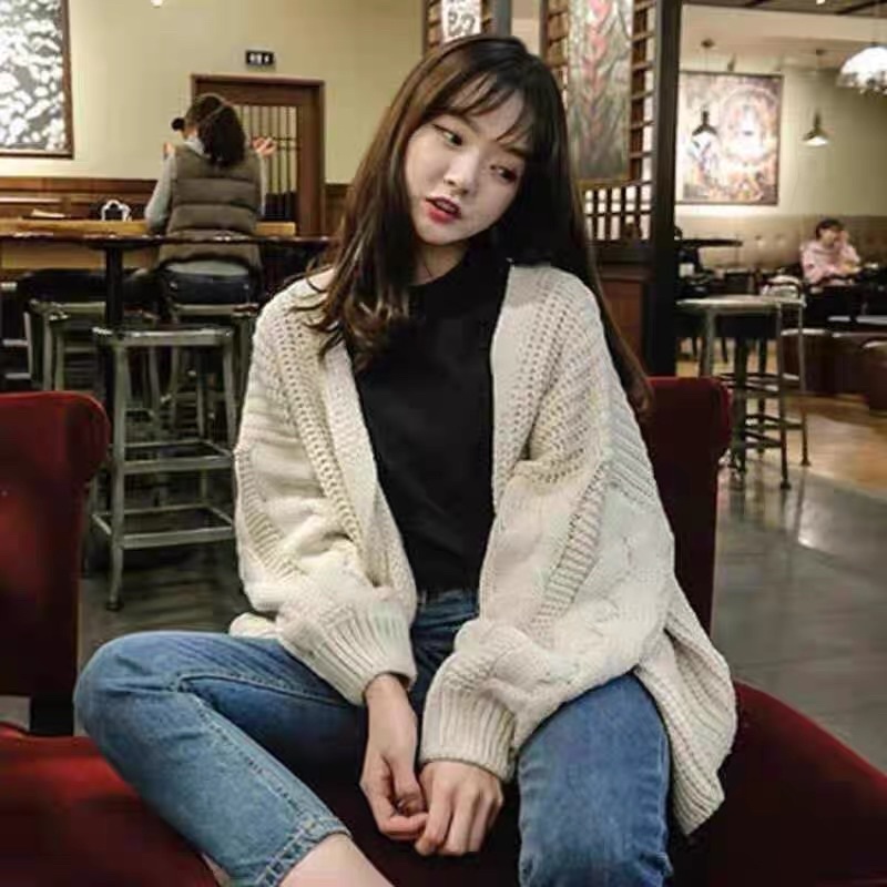 Áo len dày dặn họa tiết xoắn áo, áo khoác Cardigan dệt kim phong cách rộng rãi