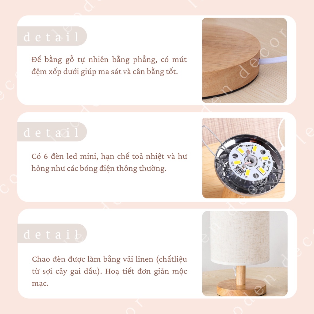 Đèn ngủ đế gỗ hình trụ chao vải lanh, đèn ngủ để bàn trang trí phòng ngủ có hẹn giờ - LEODEN Decor