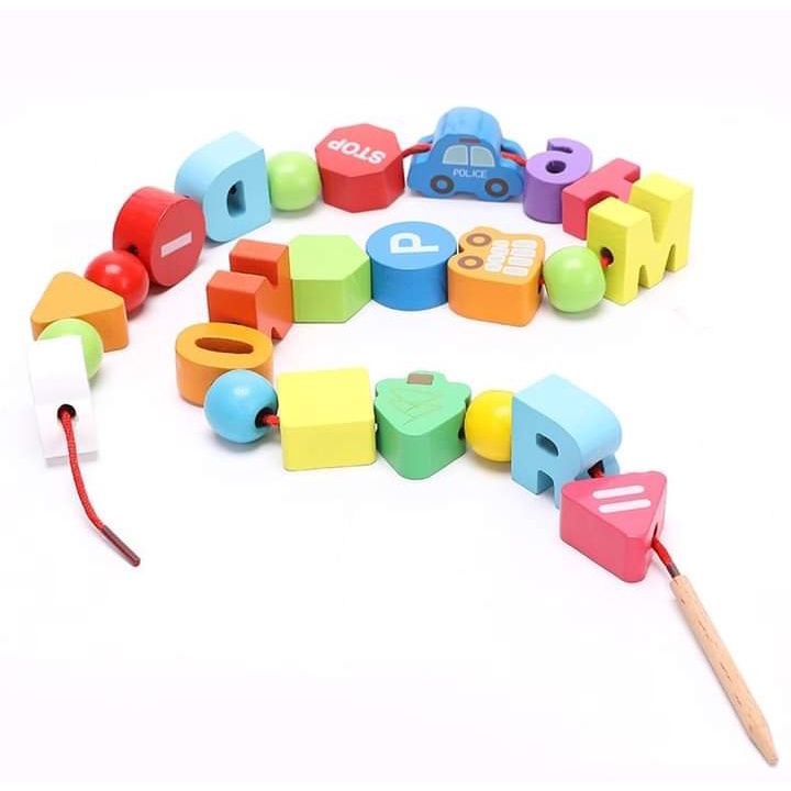 Xâu hạt gỗ 75 chi tiết giúp bé phát triển kỹ năng kiên nhẫn, làm quen với các con số bảng chứ cái, phép toán đơn giản