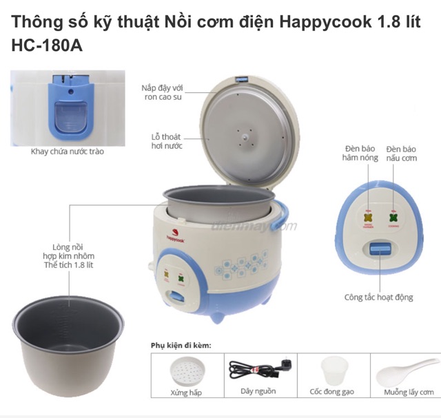 Nồi cơm điện Happy Cook 1,8L nấu cơm là ngon