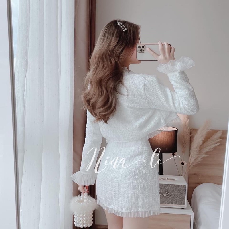 SET 3 MÓN BỐ: KHOÁC NGOÀI VIỀN CỔ TAY VOAN+ SƠ MI TRẮNG CỔ BÈO + CHÂN VÁY | BigBuy360 - bigbuy360.vn