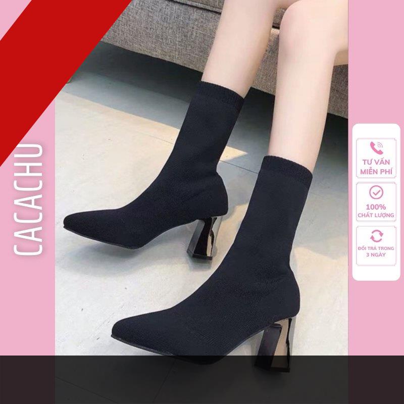 Boot len nữ cổ cao lửng gót trụ bạc tráng gương cao 7 phân hàng Quảng Châu CACACHU G016, giày bốt nữ đẹp