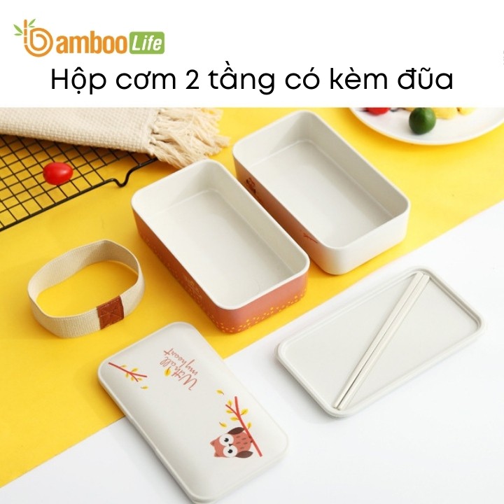 Hộp cơm 2 tầng kèm đũa làm từ sợi tre hiệu Bamboo Life BL174 phong cách Nhật, an toàn, tiện dụng, dễ dàng mang đi học