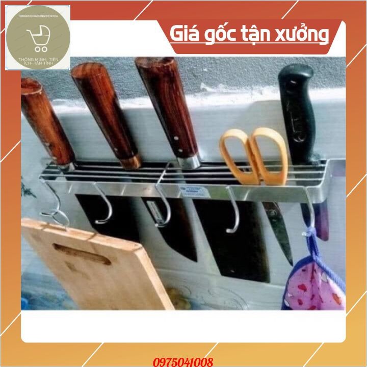 Giá treo dao, thớt, móc cài dao thớt treo tường inox dài 40cm kèm 5 móc và 3 hàng cài dao